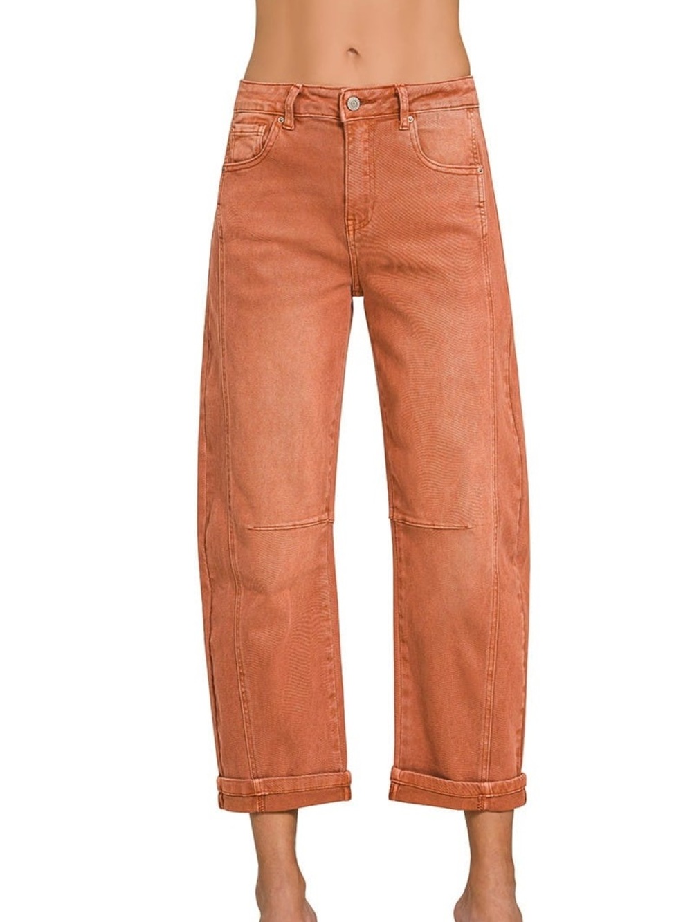 NEW🧡Zenana Barrel Leg Cropped Fit Cuffed Denim Jeans Rust Small